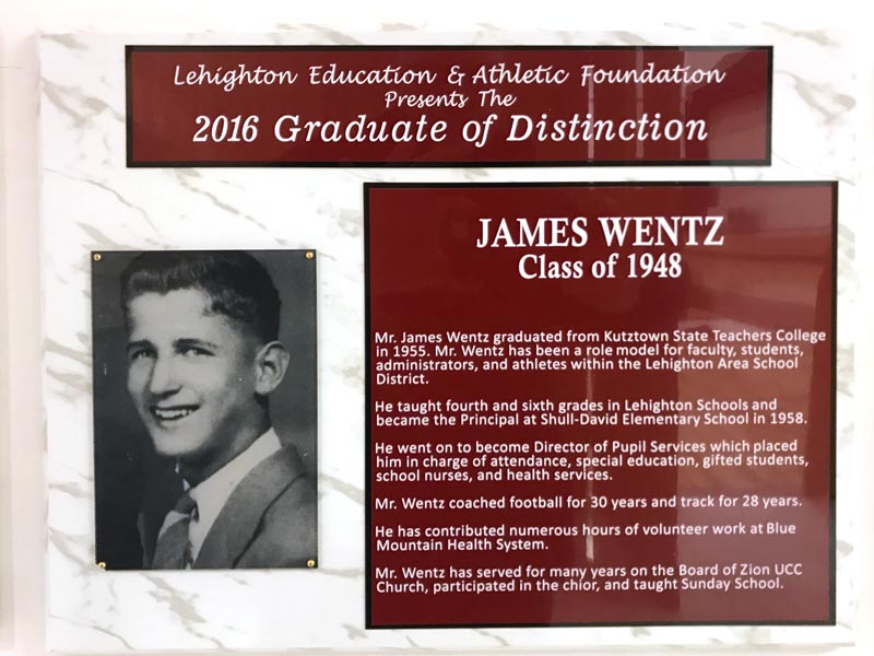 A plaque honoring Wentz, containing the same text as above.